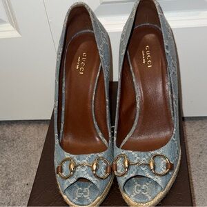 Gucci Denim Peep-Toe Heels with Gold Accents
